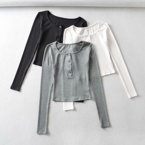 胸前纽扣圆领长袖T恤女ins欧美潮流女装修身短款4粒扣性感打底衫