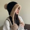 冬季防寒帽大头围毛绒挂球可爱护耳帽子女遮耳加绒加厚拼色针织帽