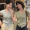 韩系小飞袖v领冰丝针织开衫女装夏季薄款修身显瘦针织外穿短袖衣