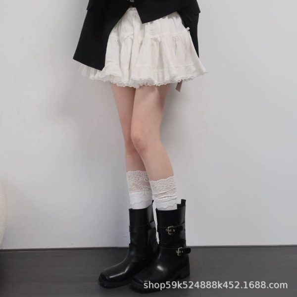 搭配靴子的袜子女春秋款蕾丝小腿袜棉质中筒袜夏季双针靴袜长筒袜
