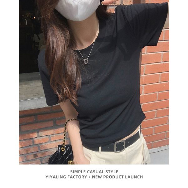 白色正肩t恤女短袖短款夏季纯棉修身显瘦纯白体恤基础款打底上衣