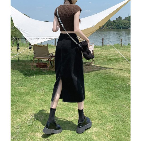 高腰开叉牛仔半身裙女2025新款春秋款小个子a字半裙黑色包臀长裙
