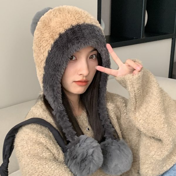 冬季防寒帽大头围毛绒挂球可爱护耳帽子女遮耳加绒加厚拼色针织帽