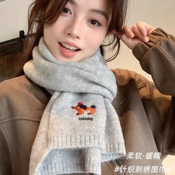 韩版可爱小狗针织羊毛围巾女冬季氛围感百搭刺绣保暖学生围脖护颈