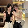 韩系小飞袖v领冰丝针织开衫女装夏季薄款修身显瘦针织外穿短袖衣