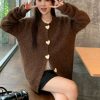 爱心纽扣设计感棕色针织毛衣开衫秋季2025新款韩系百搭休闲上衣女