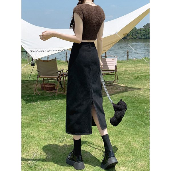 高腰开叉牛仔半身裙女2025新款春秋款小个子a字半裙黑色包臀长裙