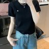 正肩针织短袖t恤女2025夏季新款撞色圆领刺绣短款内搭打底衫上衣