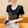 欧货圆领爱心羽毛短袖t恤女2024夏款重工烫钻舒适修身洋气小衫ins