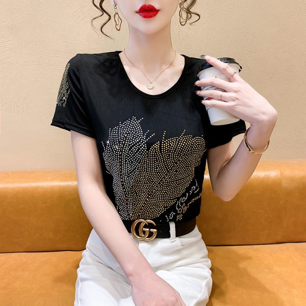 欧货圆领爱心羽毛短袖t恤女2024夏款重工烫钻舒适修身洋气小衫ins