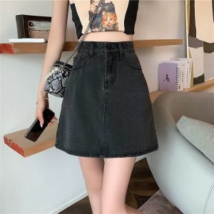 夏季韩版ins黑灰高腰小个子牛仔半身裙女百搭显瘦包臀a字短裙子潮