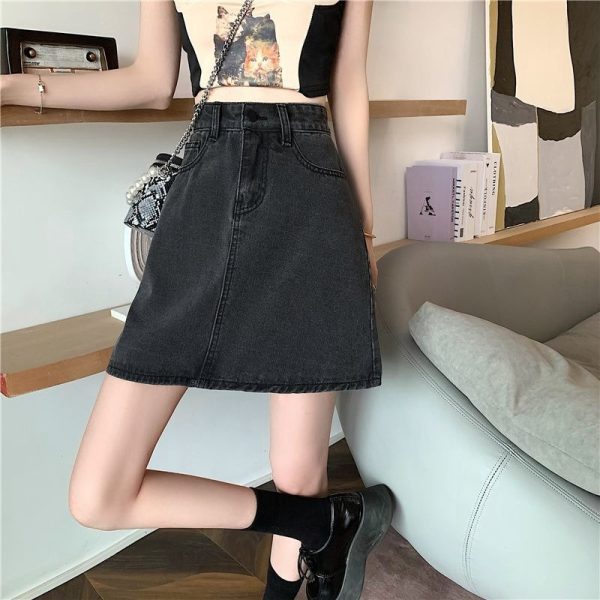 夏季韩版ins黑灰高腰小个子牛仔半身裙女百搭显瘦包臀a字短裙子潮
