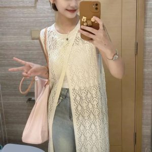 2025夏辣妹穿搭长款法式镂空背心裙针织衫女薄款外搭罩衫中长款女