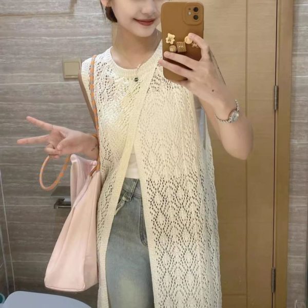 2025夏辣妹穿搭长款法式镂空背心裙针织衫女薄款外搭罩衫中长款女