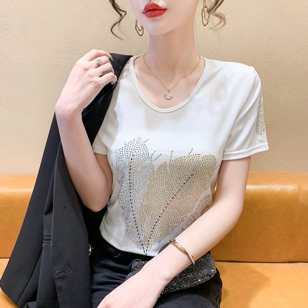 欧货圆领爱心羽毛短袖t恤女2024夏款重工烫钻舒适修身洋气小衫ins