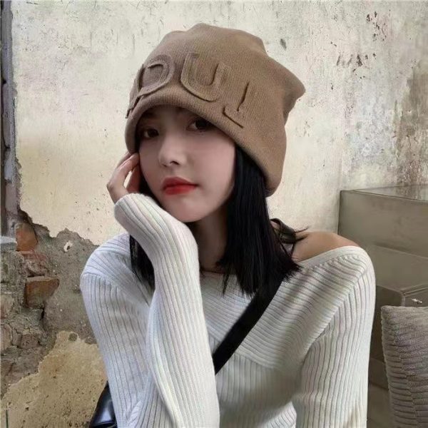 秋冬帽子女日系针织帽显脸小毛线帽网红字母冷帽加绒包头帽堆堆帽